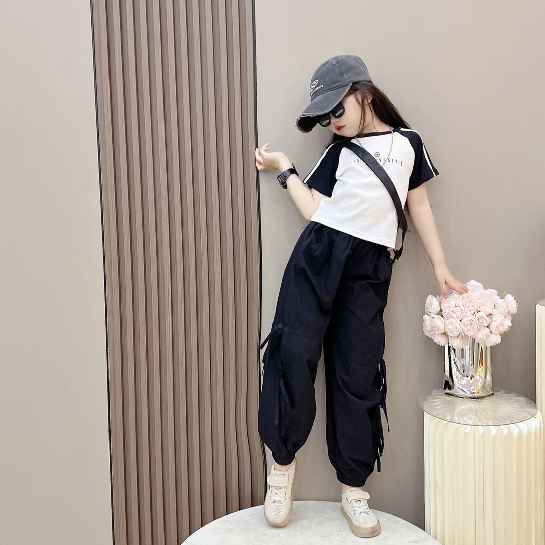 （宥暖）女童夏季休闲洋气束脚裤套装中大童百搭工装裤T恤衫两件套