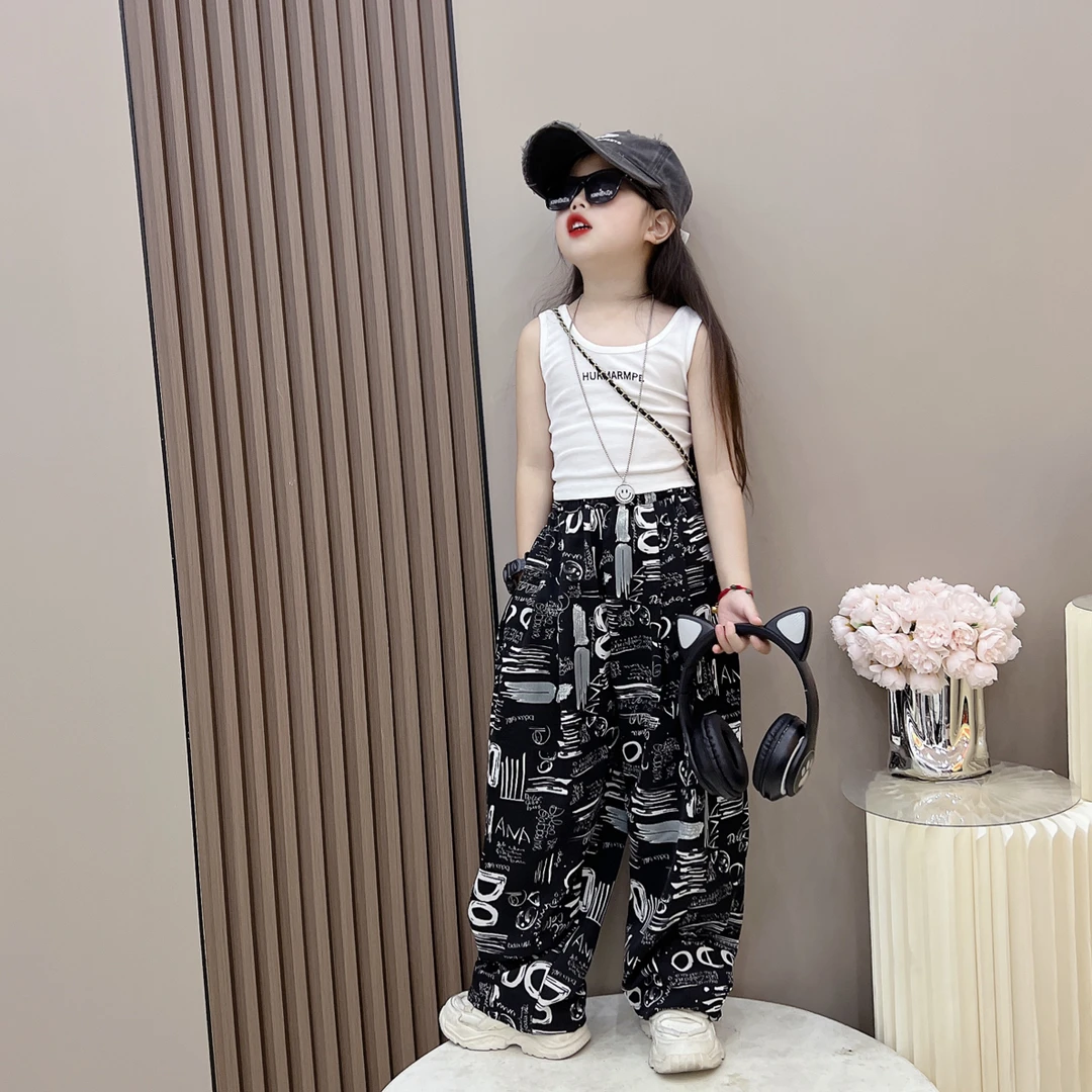 （宥暖）女童夏季休闲宽松百搭雪纺直筒裤阔腿裤中大童露腰短款背心