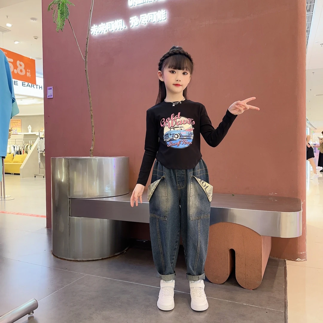 女童牛仔裤洋气套装2023新款时髦宽松老爹裤中大童潮酷春秋款裤子