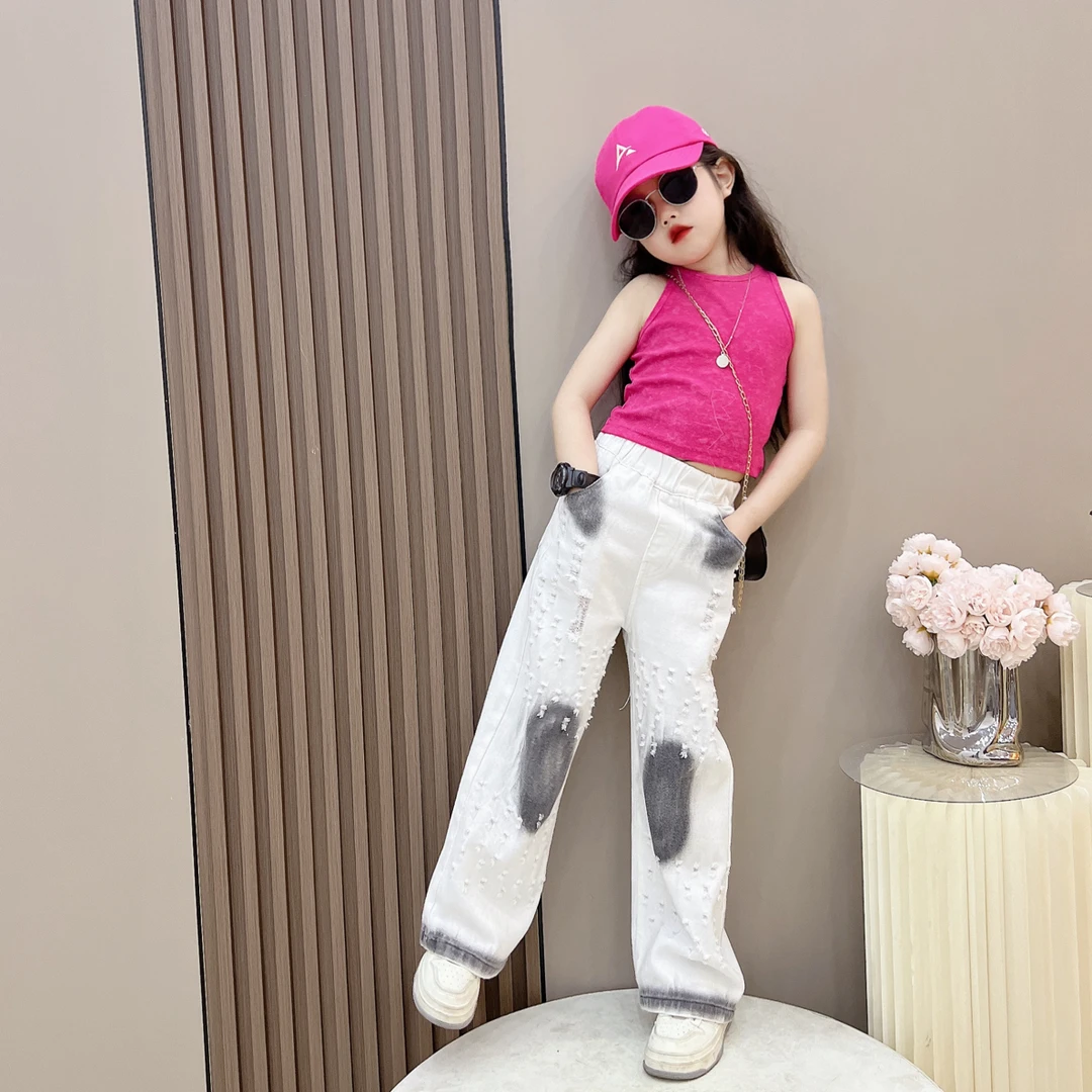 （宥暖）女童夏季潮酷洋气喷色直筒阔腿裤百搭短款爵士风背心潮