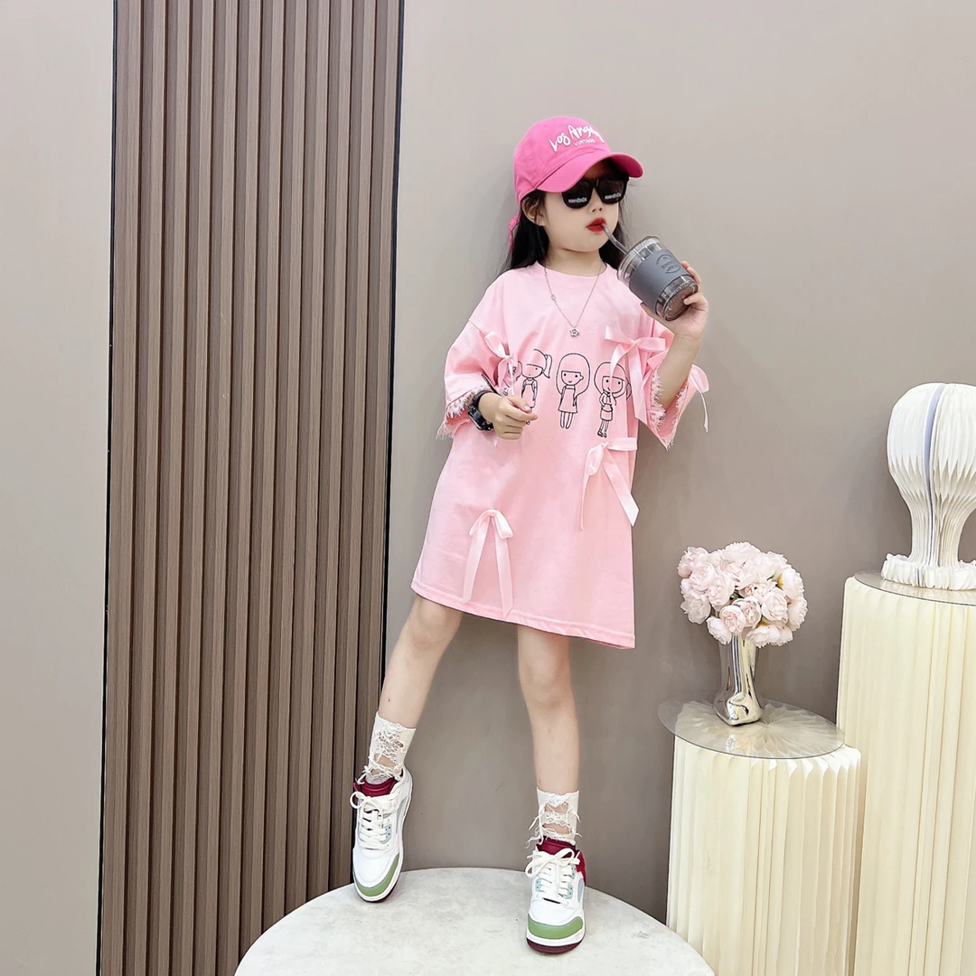 （宥暖）女童夏季韩版宽松洋气蕾丝拼接大T恤中大童百搭中长款T裙