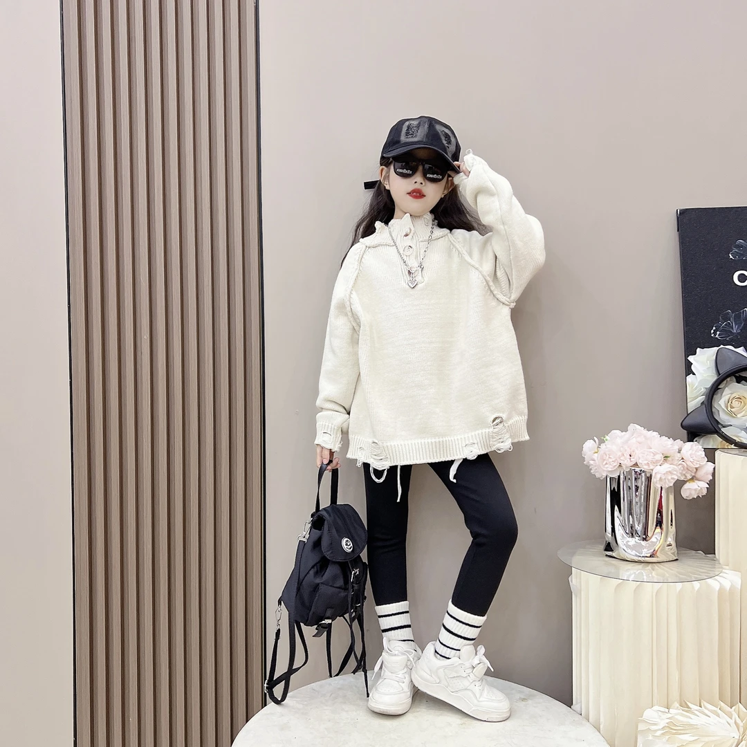 女童秋冬季韩版宽松慵懒风毛线衣中大童时髦破洞针织毛衣潮