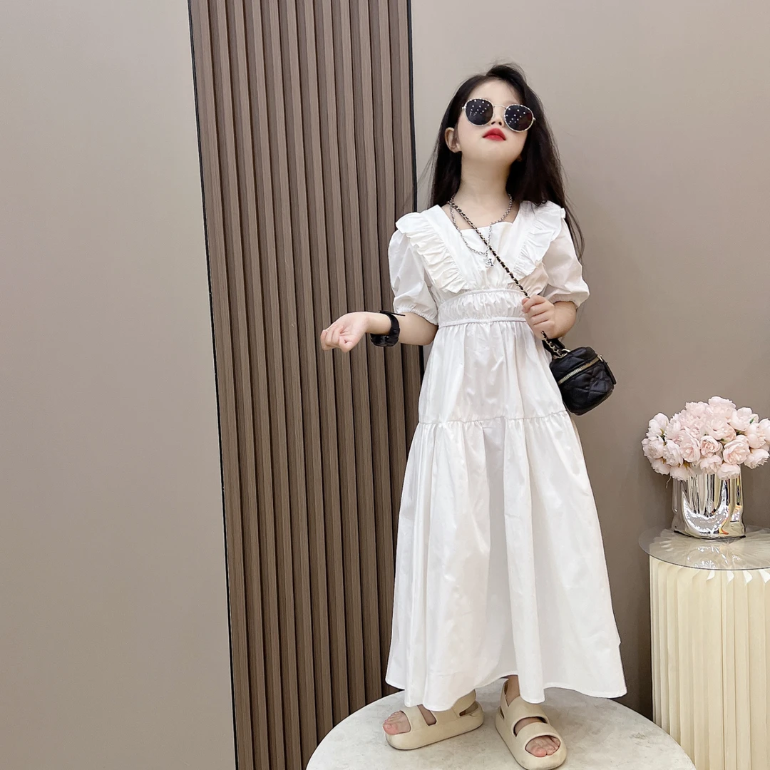 （女童）女童夏季韩版气质显瘦连衣裙中大童女孩泡泡袖法式收腰长裙