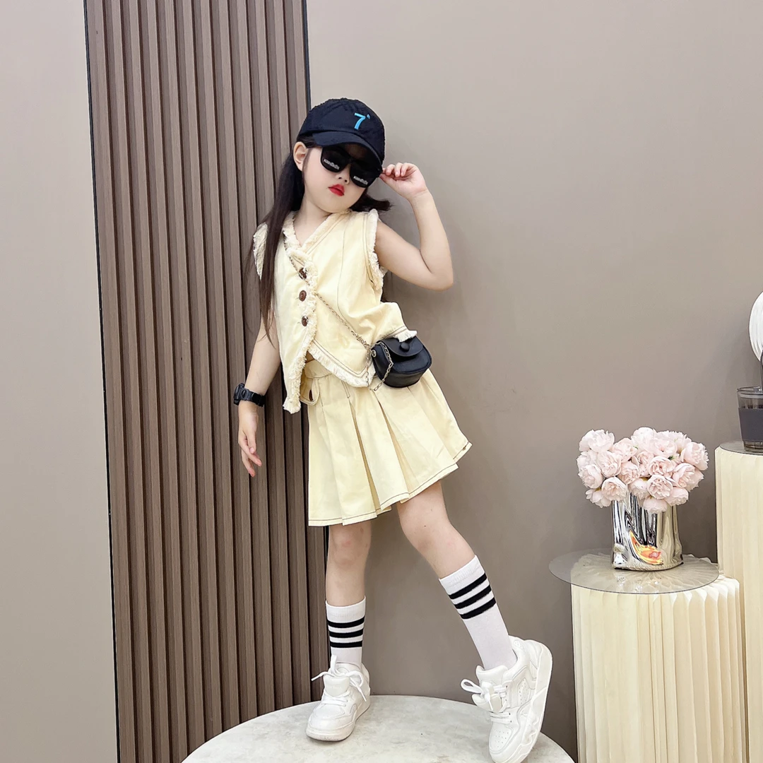 （宥暖）女童夏季韩版小香风毛边套装