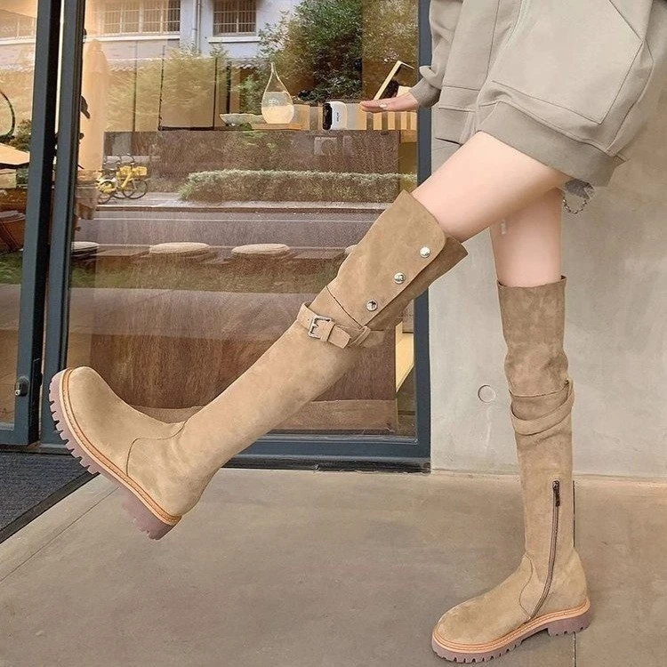 2024秋季新款弹力靴/袜靴圆头鞋头方跟跟底橡胶鞋底绒面帮面