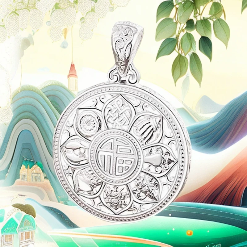 吊坠足银 正品足银999纯银八宝罗盘吊坠时尚福字转运项链女款