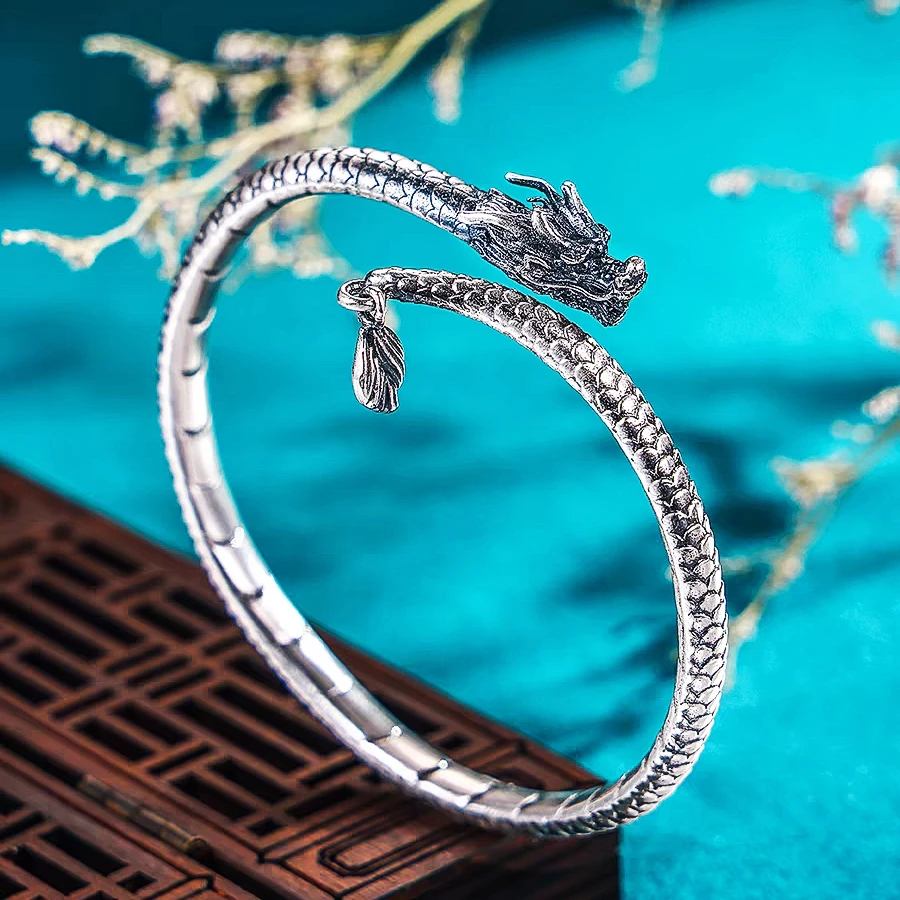足银手镯 神龙摆尾手镯999银手镯女复古做旧国风本命年纯银镯子