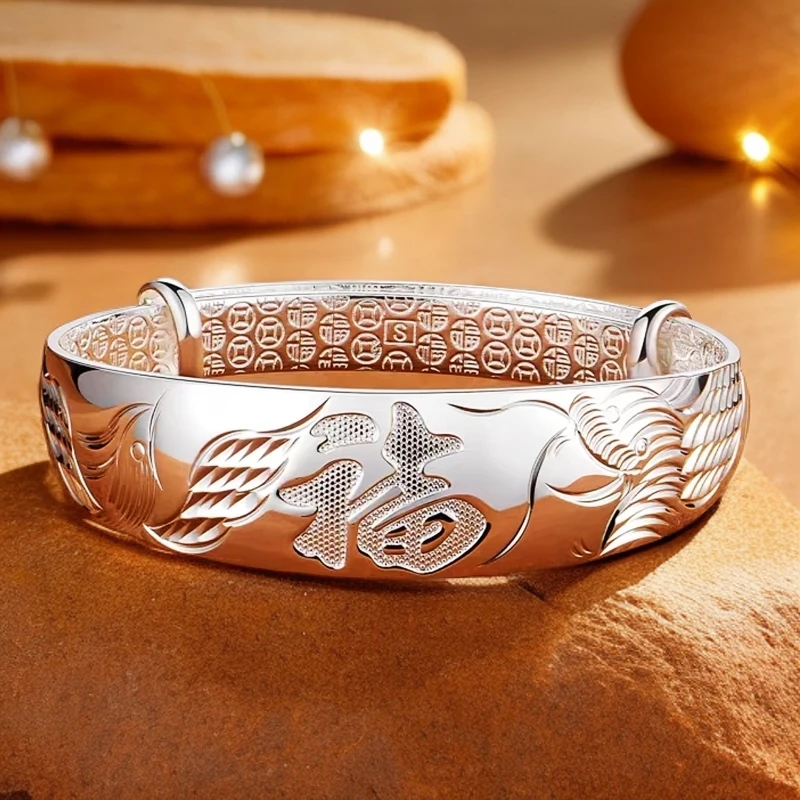 足银手镯 足银999.9龙凤呈福手镯亮面推拉纯银镯子送妈妈奶奶礼物