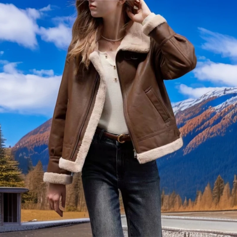 24冬季新款仿皮毛一体机车服网红时尚款式女休闲宽松短款外套慢