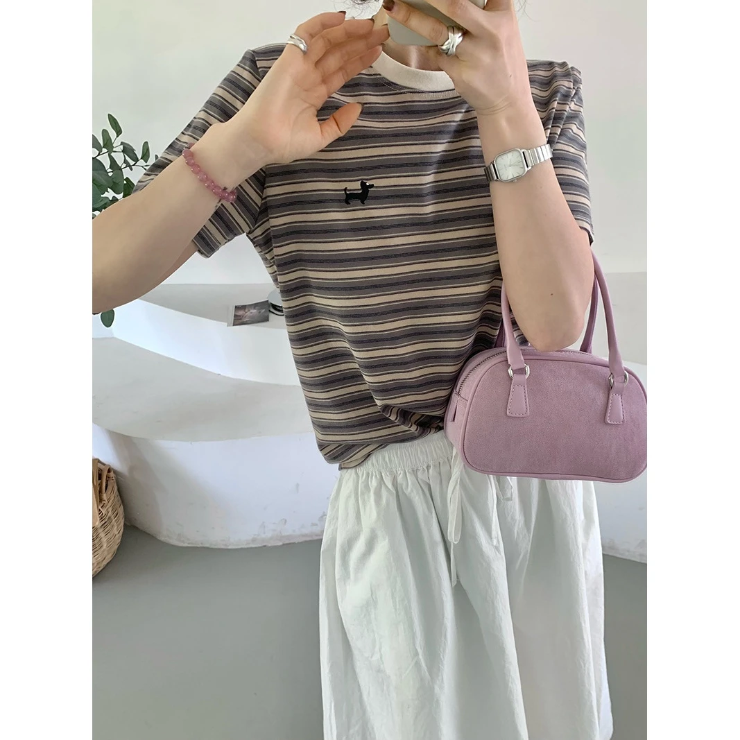 特价夏季新款女圆领日系棉T恤 宽松短袖上衣套头文艺风条纹打底衫