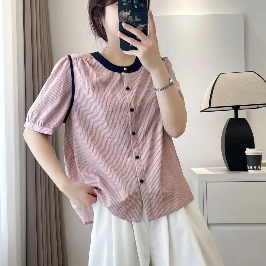 时尚百搭气质条纹衬衫2024夏季新款宽松减龄显瘦短袖洋气小衫上衣