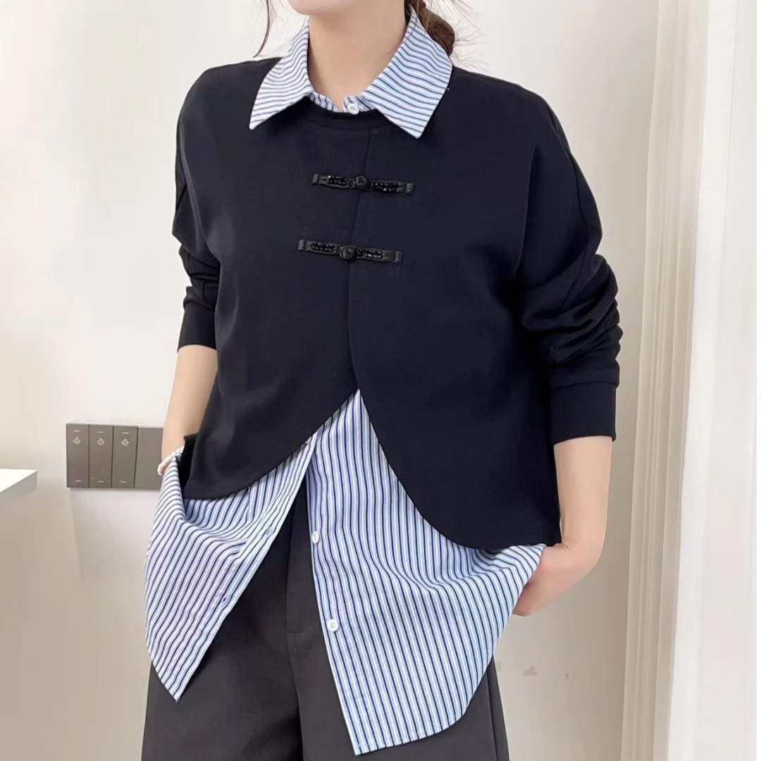 时尚百搭衬衫2024春秋气质休闲复古拼接翻领长袖上衣假两件