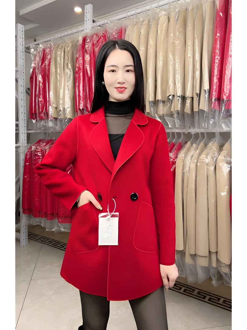 A888新款时尚经典女士西服领纯色双面呢大衣女装百搭中款外套气质