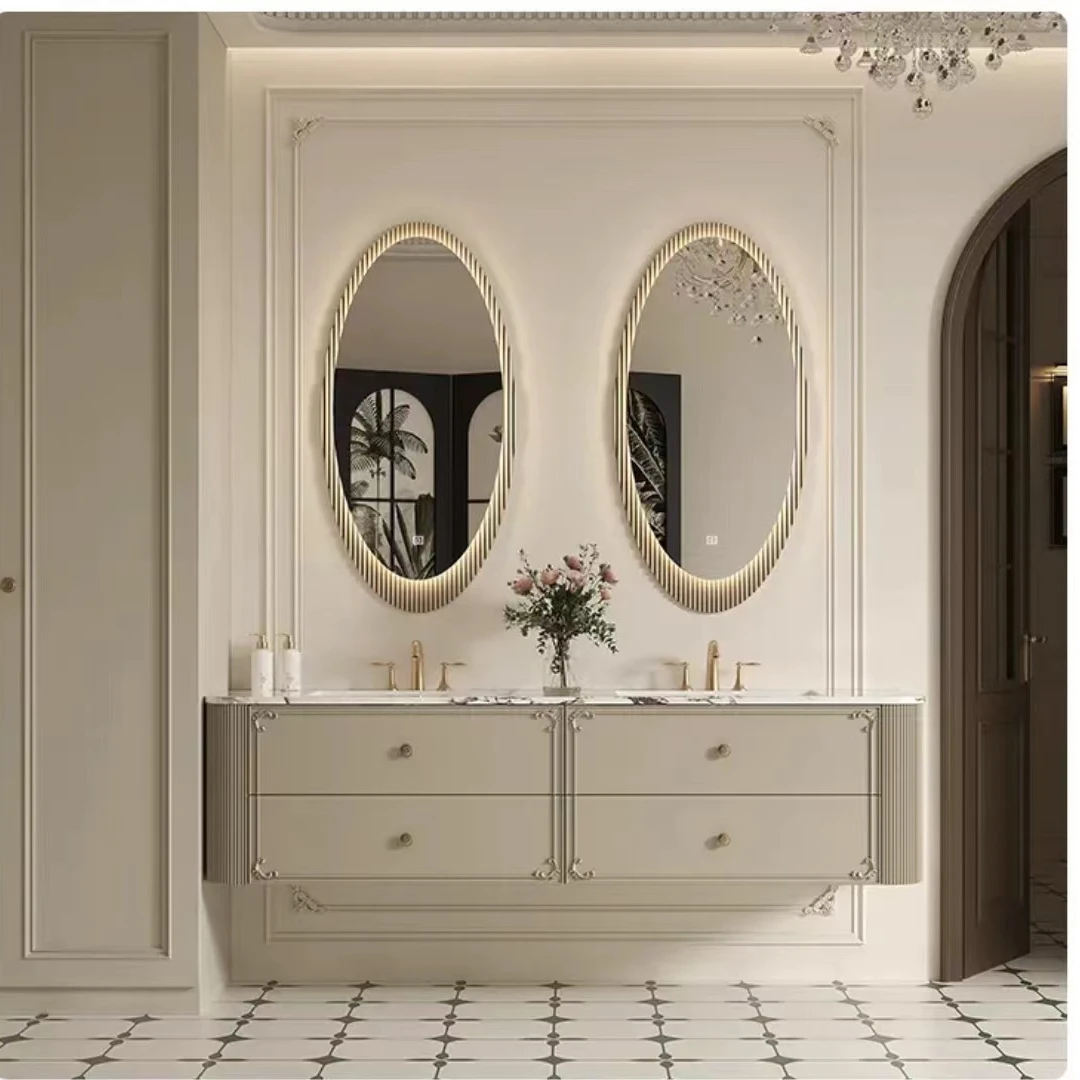 法式岩板无缝陶瓷一体盆暖白色浴室柜卫生间洗漱台洗手台洗脸盆柜