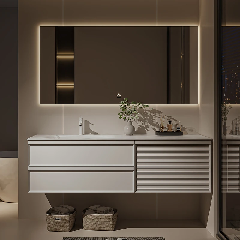 轻奢岩板陶瓷热弯一体盆浴室柜组合现代洗手池洗脸盆镜柜卫生间