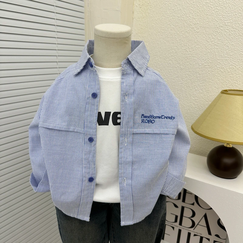 儿童衬衫长袖2025新款秋装男童春秋上衣中小童洋气条纹衬衫外套