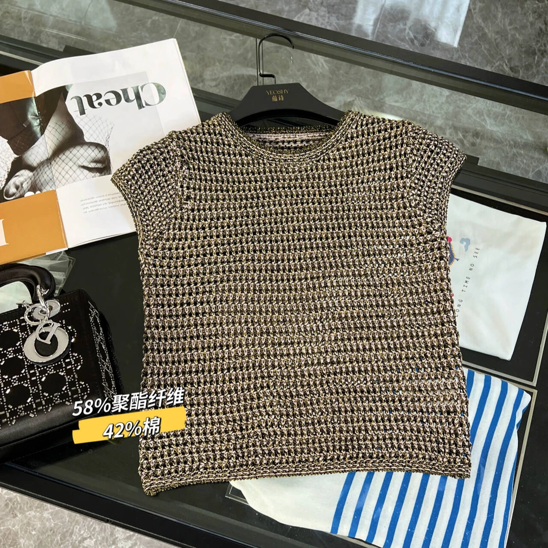 【黑金衫】2024女装休闲风短版正肩款圆领短袖毛衣针织衫T恤时尚