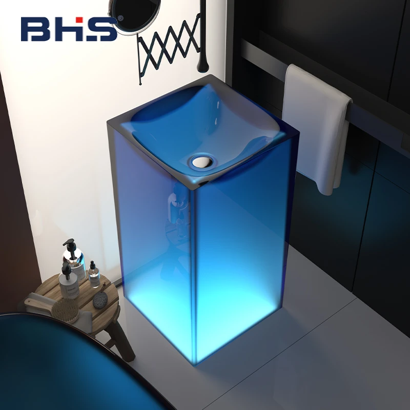 贝鸿斯洗面盆人造石落地方形立柱盆小户型家用定制彩色透明树脂盆