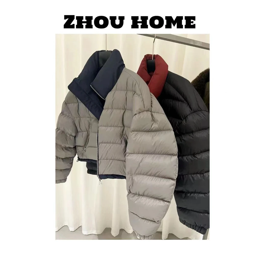 【周周服饰】欧货设计感两穿立领短款白鹅绒面包羽绒服女冬2024新款