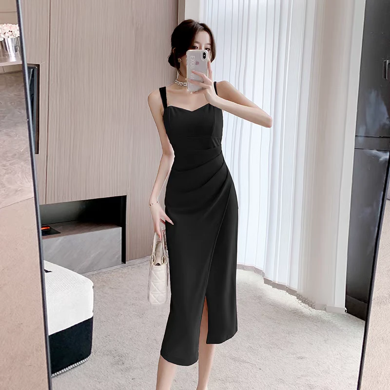 4518显瘦气质性感夏季小众修身收腰名媛法式宽肩带设计感连衣裙