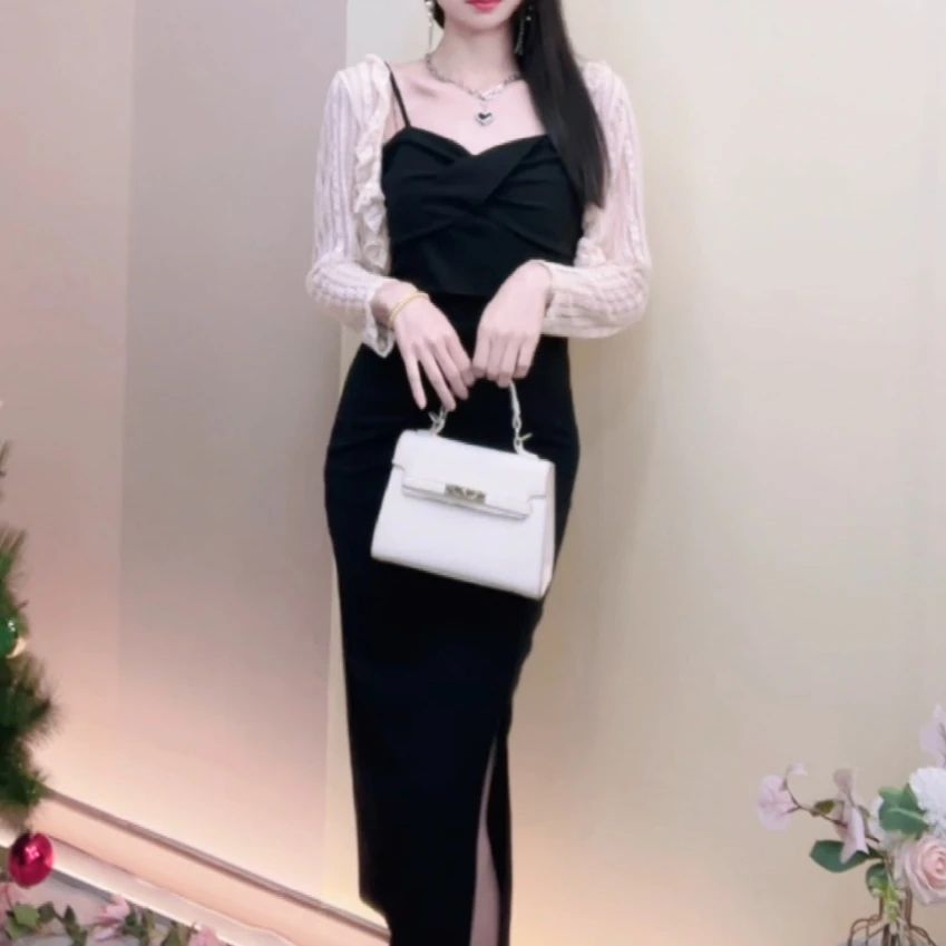 4226法式气质名媛纽结设计感修身包臀裙显瘦小众开叉吊带连衣裙