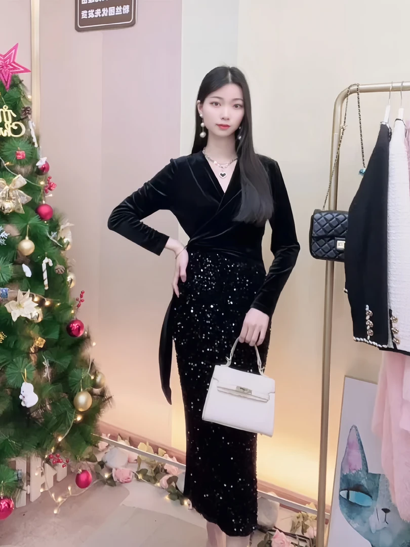 【断码清】9999秋冬丝绒亮片气质连衣裙绑带长袖收腰直筒后开叉长裙