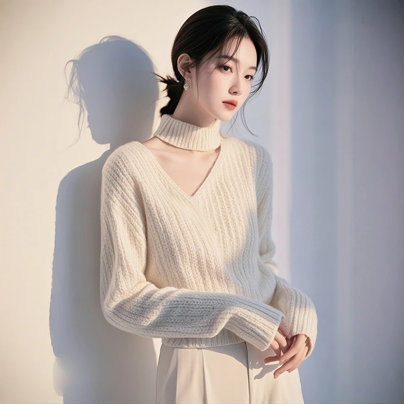 韩系chic别致白色挂脖加厚毛衣女外穿2024冬季内搭打底针织衫上衣