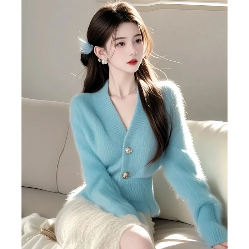 奶fufu蓝色毛衣慵懒高级感冬季超好看的针织衫今年流行的漂亮上衣