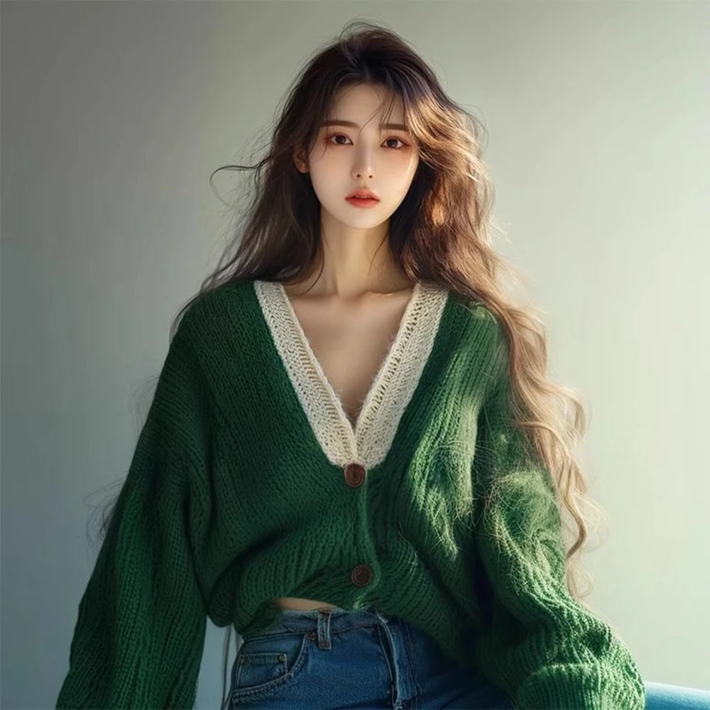 小香风绿色V领宽松针织开衫外搭毛衣女2024秋冬季新款慵懒风上衣