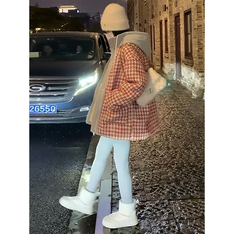 韩版休闲假两件连帽粗呢子小香风棉服暖和百搭宽松外套2024年秋冬