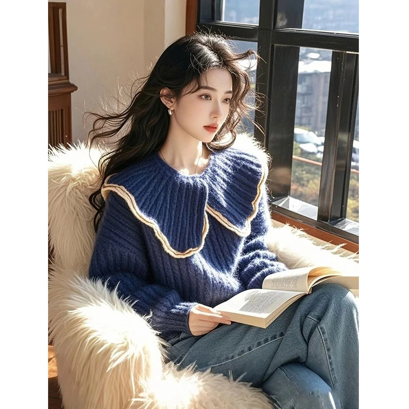 冬季2024新款奶fufu慵懒高级感韩系软糯设计感蓝色翻领针织毛衣女
