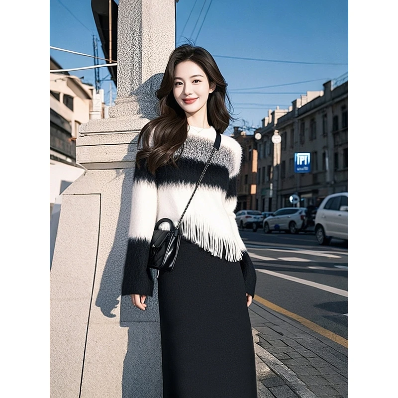 温柔系穿搭秋冬洋气欧货潮时髦高级感黑色针织毛衣裙子两件套装女