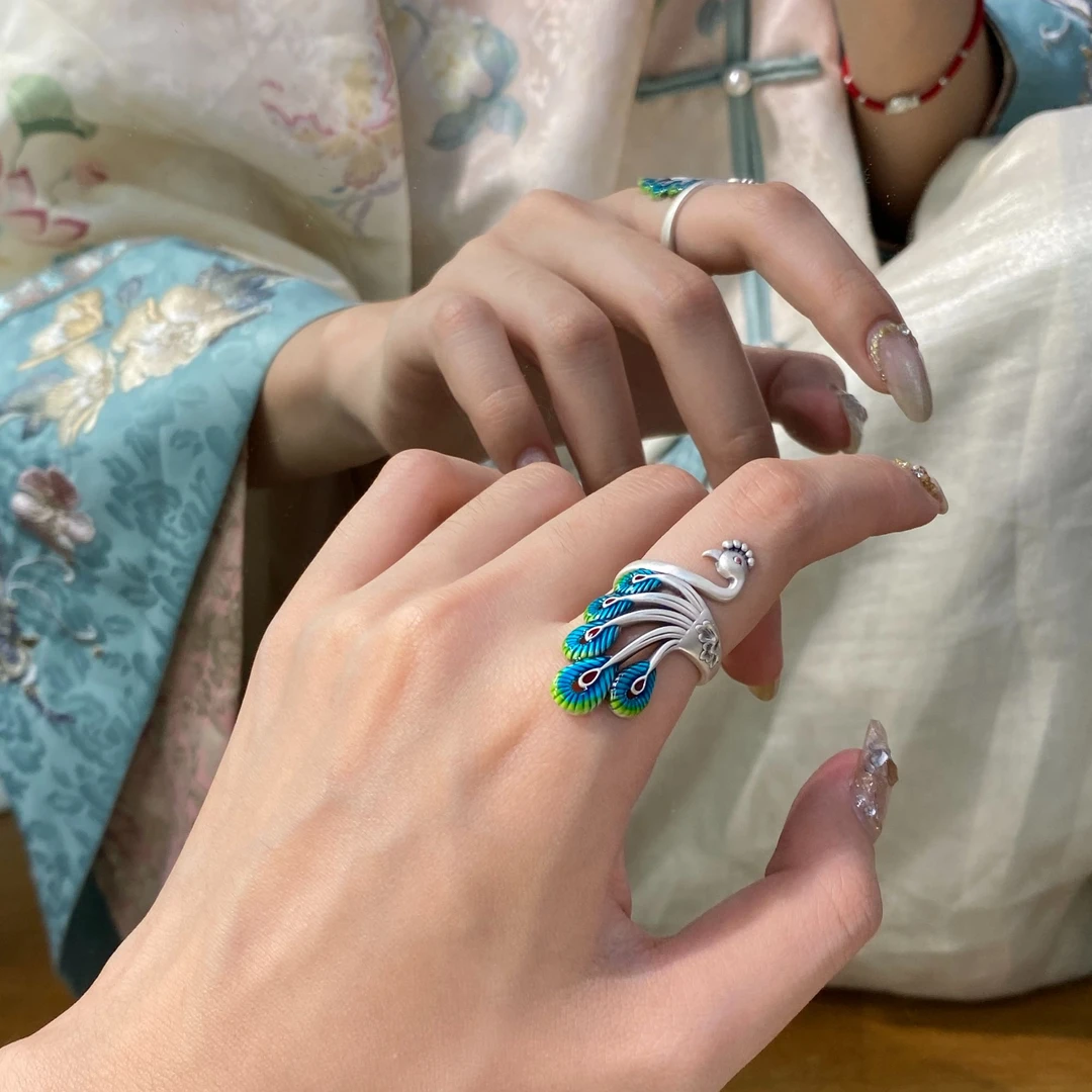 足银珐琅戒指 yangui足银999.9孔雀戒指指环女6.4g左右民族风古风