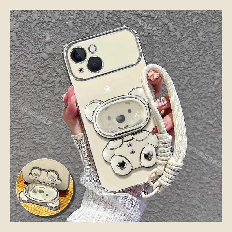 适用苹果15手机壳流沙熊补妆镜支架大视窗硅胶保护防摔套女款可爱