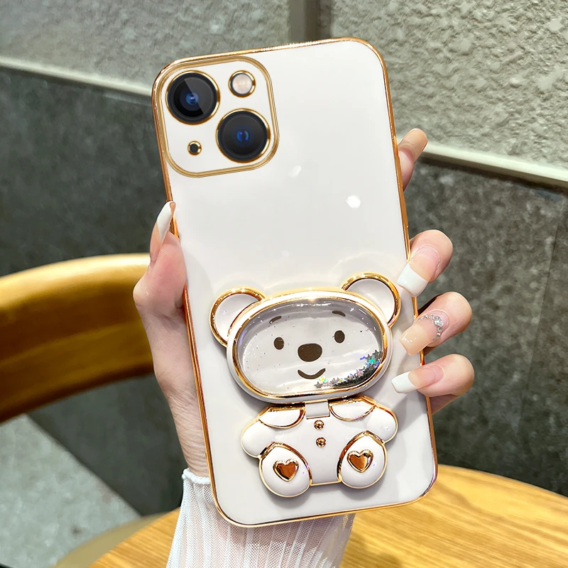 适用苹果13手机壳iphone13流沙爱心熊补妆镜电镀硅胶软壳防摔女款