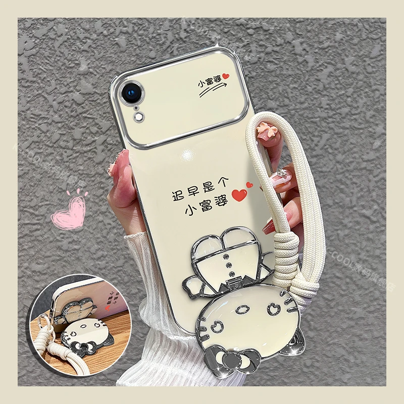 适用苹果xr手机壳电镀小富婆猫咪补妆镜支架女新款保护外壳软时尚