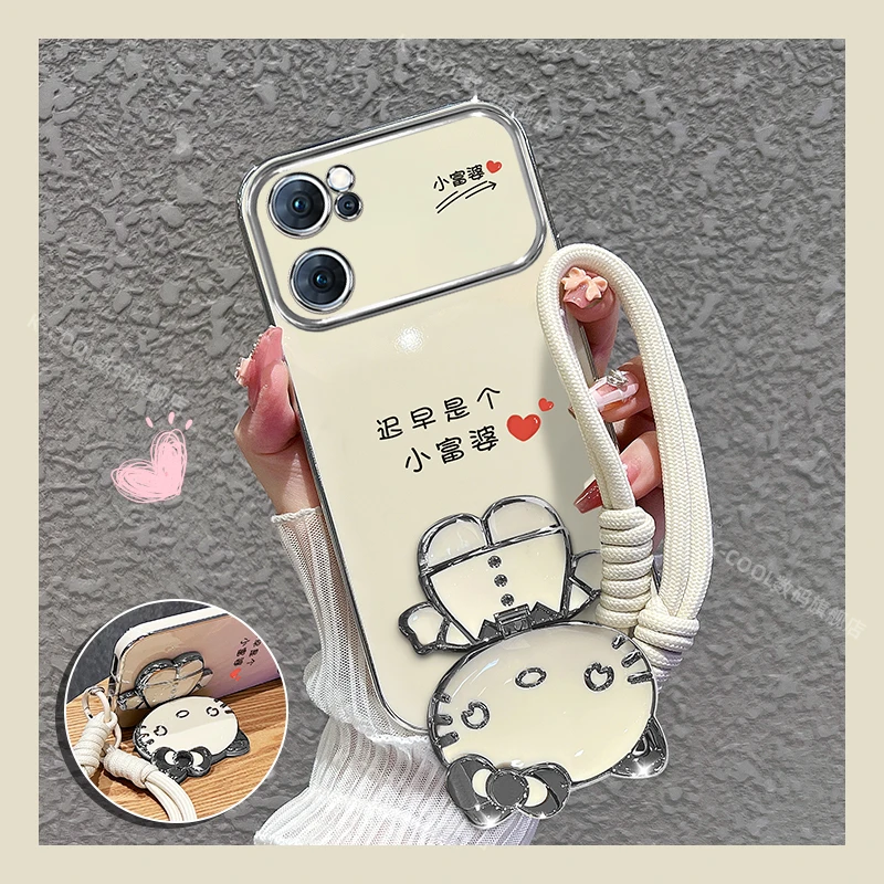 适用oppoA57 5g手机壳小富婆猫咪补妆镜支架手机壳女款外壳软潮流