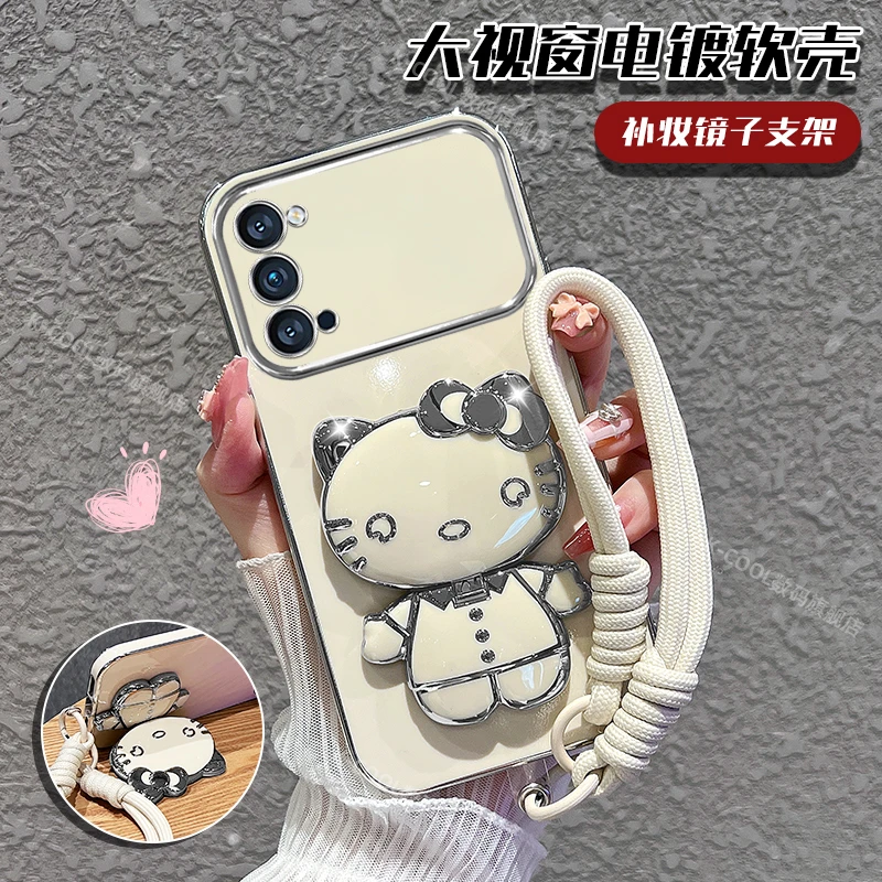 适用【oppoReno4/pro】手机壳猫咪补妆镜支架大视窗保护套女外壳
