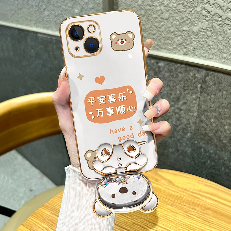 【苹果/华为/vivo/oppo/小米】平安喜乐手机壳流沙熊补妆镜支架女款