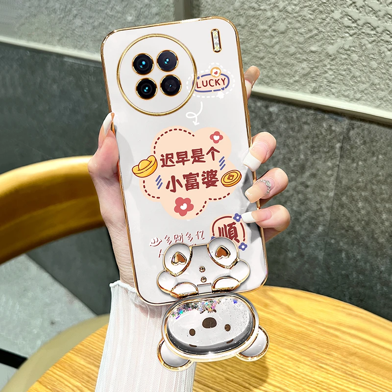 适用vivox90手机壳x90pro迟早是个小富婆流沙熊支架电镀硅胶防摔