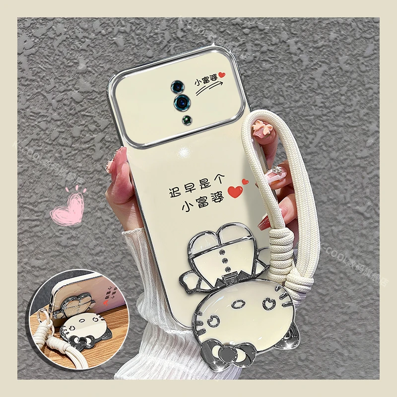 适用oppoR17手机壳小富婆猫咪补妆镜支架手机壳女款外壳软套时尚
