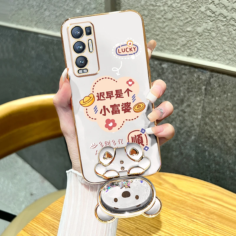 适用oppoReno5pro+手机壳迟早是个小富婆流沙熊支架电镀硅胶软壳