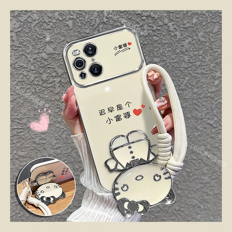 适用oppofindx3手机壳pro小富婆猫咪补妆镜支架手机壳女外壳潮流