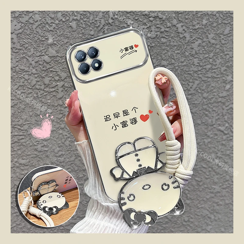 适用oppoReno4se手机壳小富婆猫咪补妆镜支架手机壳女款外壳软套