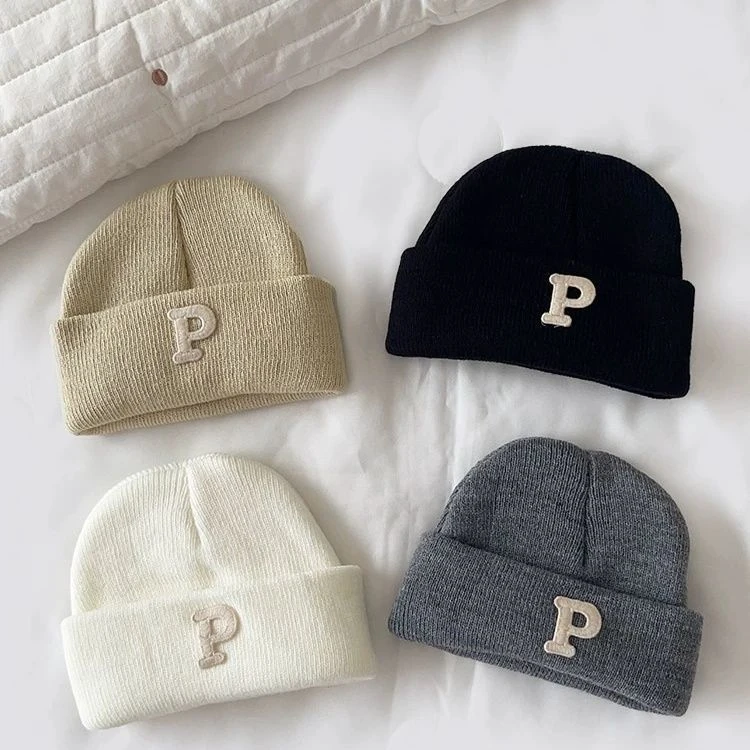 贝壳家族ins韩版宝宝简约字母婴儿针织毛线帽秋冬帽子保暖瓜皮帽