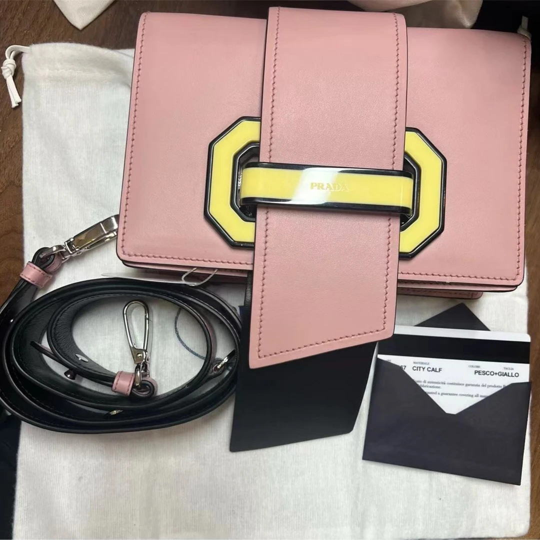 95新 Prada/普拉达 青奢荟/时尚粉色拼色肩带斜挎包奢侈////30726