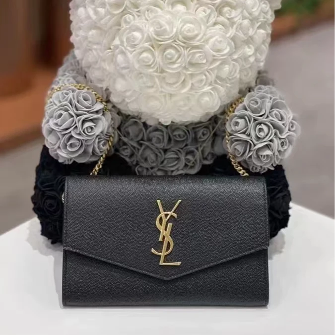 95新 YSL/圣罗兰 青奢荟/经典百搭黑金色链条信封单肩包//31852