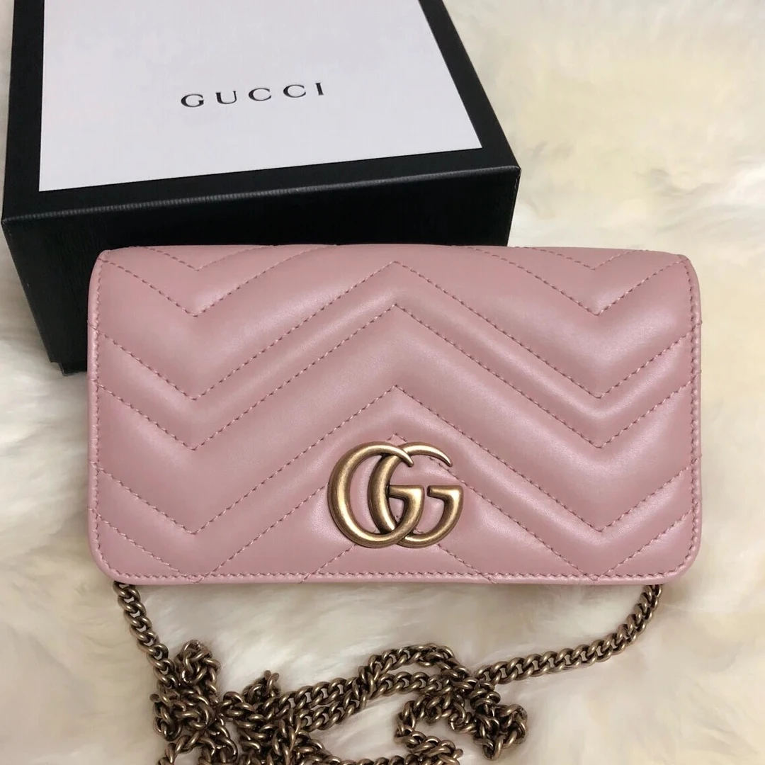 95新 GUCCI/古驰 青奢荟/时尚/粉色woc无龙虾扣斜挎包///31798