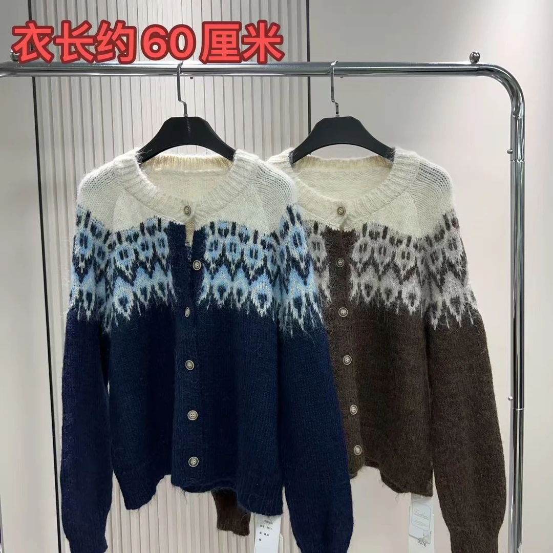 <小勋优选>9576排扣民族风圆领拼接毛衣开衫（预售）