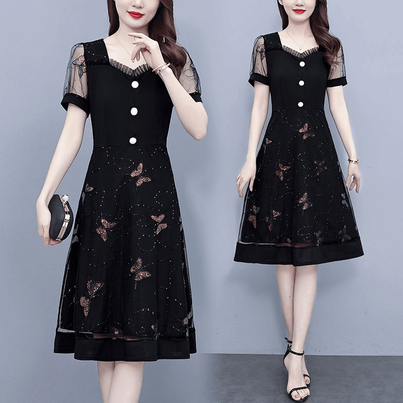 夏季绣花珠片网纱拼接连衣裙大码小个子洋气收腰显瘦中长款a字裙